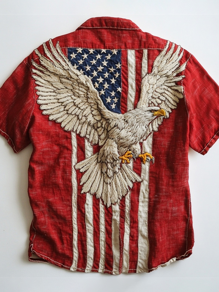 Independence Day Bald Eagle Flag Embroidered Men's Linen Short Sleeve Shirt