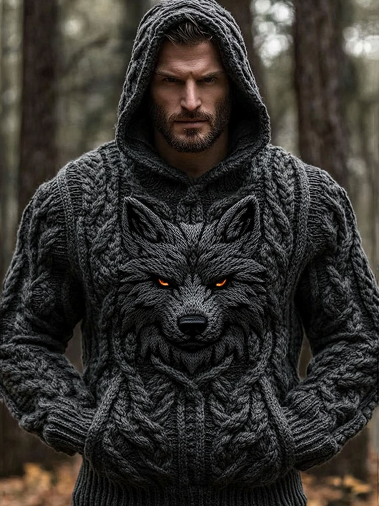 Men's Vintage Wolf Viking Celtic Chunky Cozy Hooded Sweater