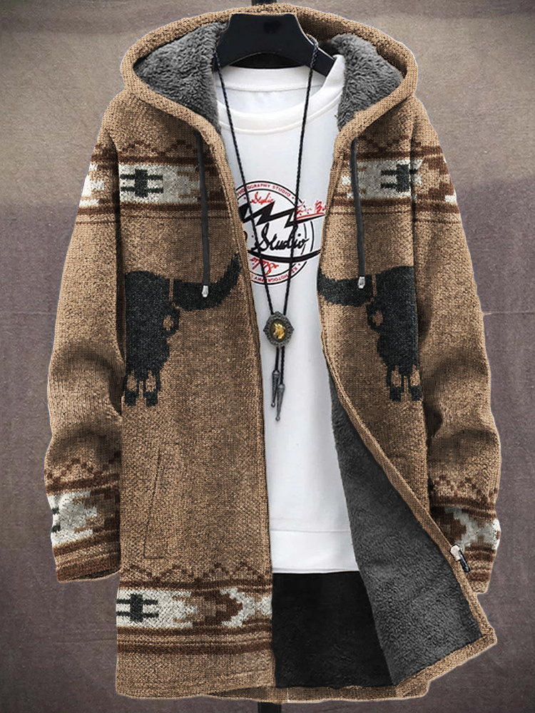 Men's Western Bull Skull Aztec Cozy Hooded Cardigan