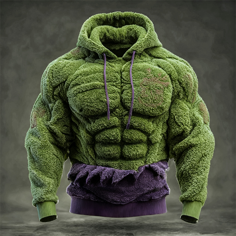 Men's Christmas Green Muscle Line Contrast Cozy Plush Hoodie