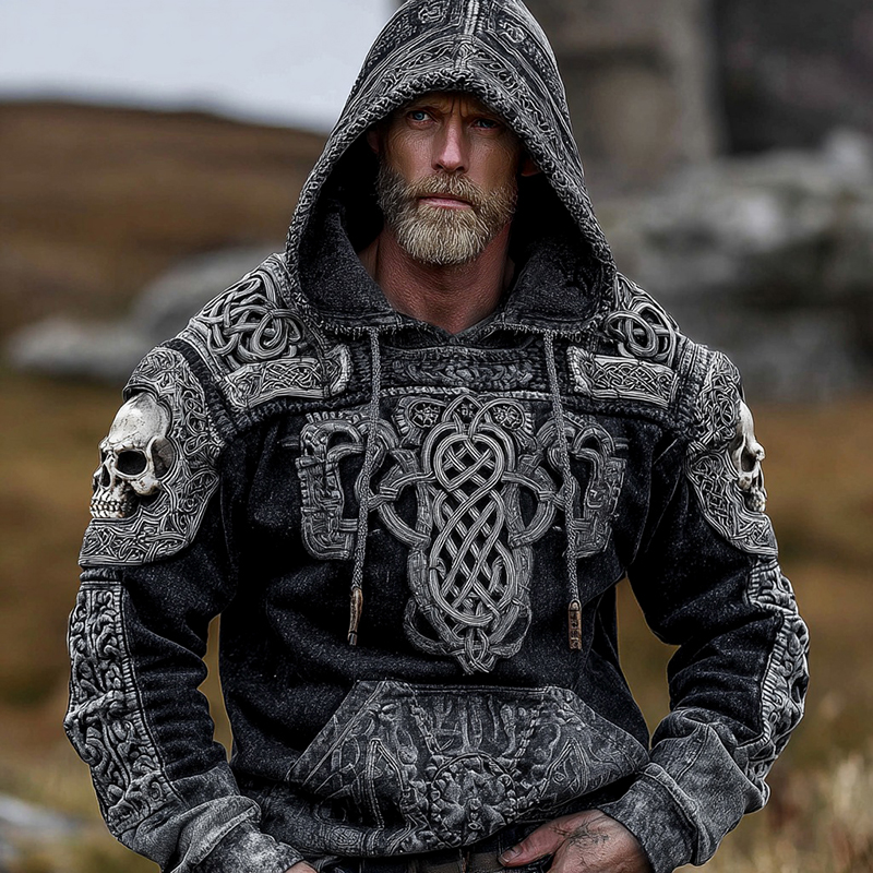 Viking Skull And Celtic Knot Inspired Tribal Distressed Washed Hoodie