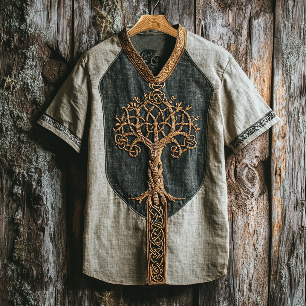 Men's Viking Life Of Tree Celtic Knot Art Linen V-neck T Shirt