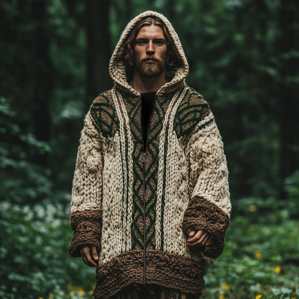 Men's Irish Celtic Knotted Chunky Knit Zipper Hooded Coat