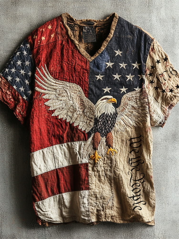 Independence Day Vintage Eagle Embroidered Patchwork Linen Shirt