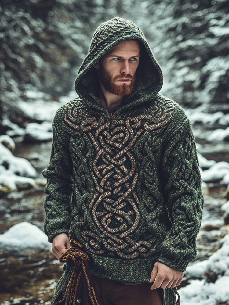 Men's Irish Celtic Knot Jacquard Mottled Hooded Sweater