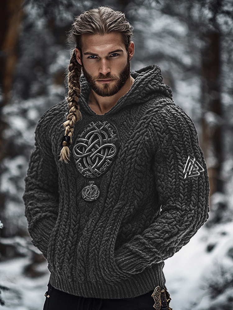 Men's Viking Tribal Jacquard Celtic Inspired Chunky Knit Hooded Sweater