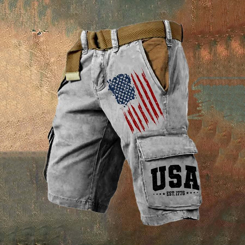 Men's Retro Usa Est 1776 Print Cargo Shorts