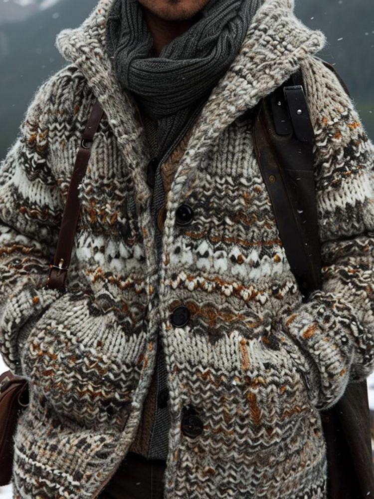 Men's Fairman Island Vintage Striped Pattern Hooded Cardigan