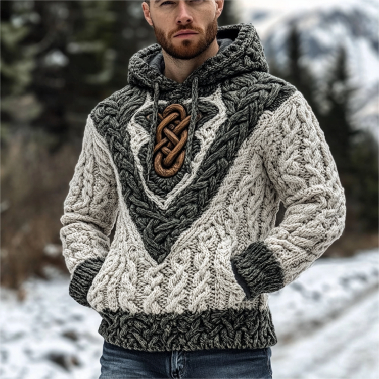 Vintage Irish Celtic Knot Men's Knit Hooded Sweater