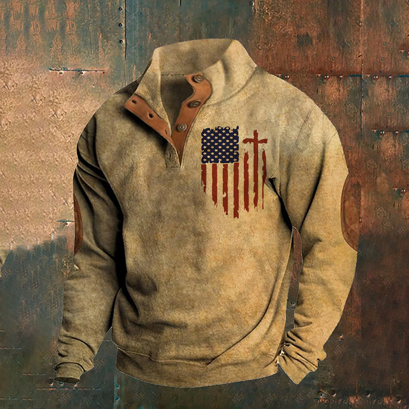 Men's American Flag Printed Stand Collar Half-Zip Sweatshirt