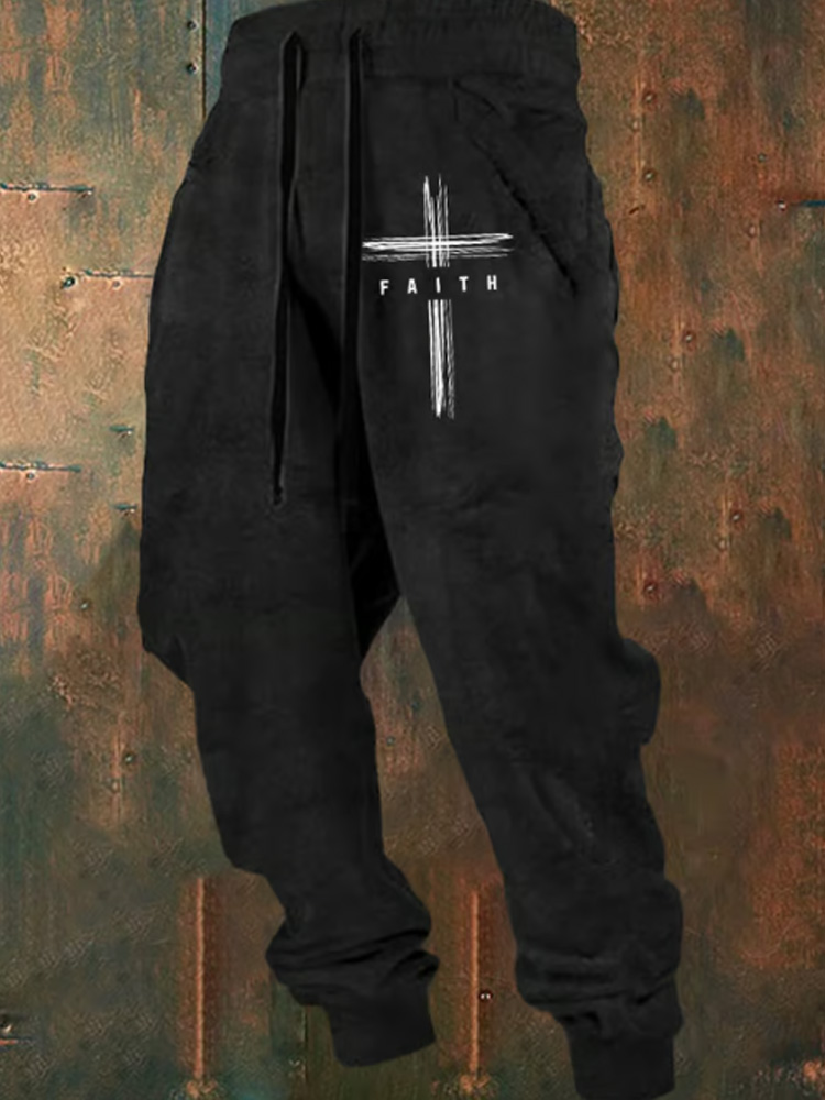 Men's Vintage Faith Faith Printed Elastic Waist Tie-Up Trousers