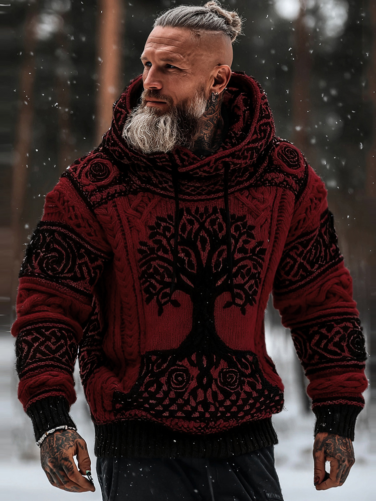 Men's Viking Tribal Jacquard Celtic With Rose And Tree Of Life Inspired Chunky Knit Hooded Sweater