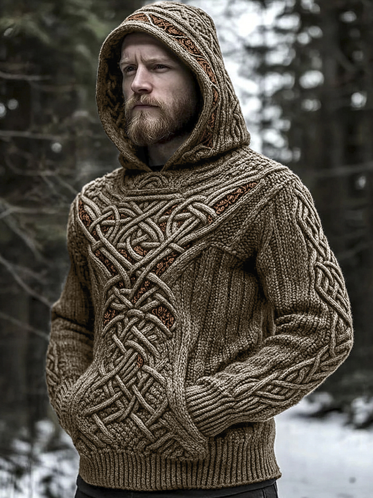 Men's Viking Jacquard Celtic Style Cozy Knit Hooded Sweater