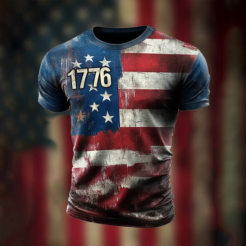 Men's Vintage American Flag 1776 Print T-shirt