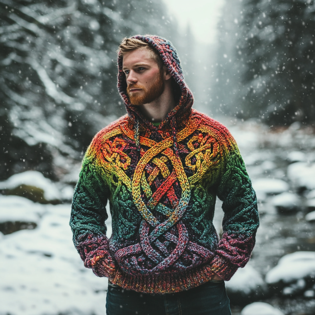 Men's Vintage Rainbow Irish Celtic Knot Jacquard Mottled Hooded Sweater