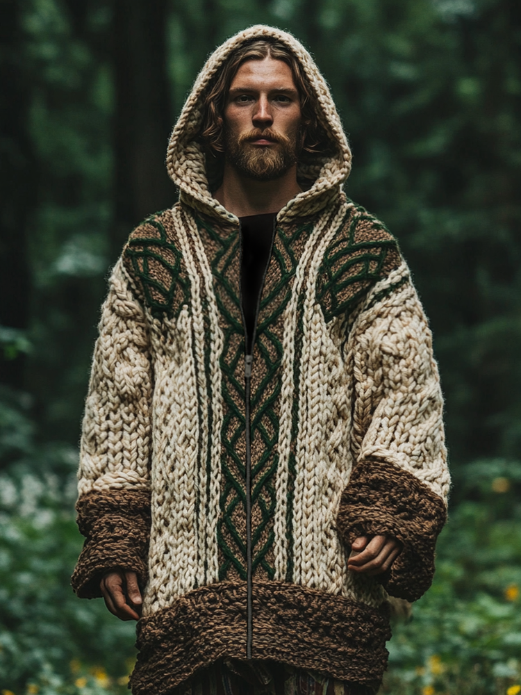 Men's Irish Celtic Knotted Chunky Knit Zipper Hooded Coat