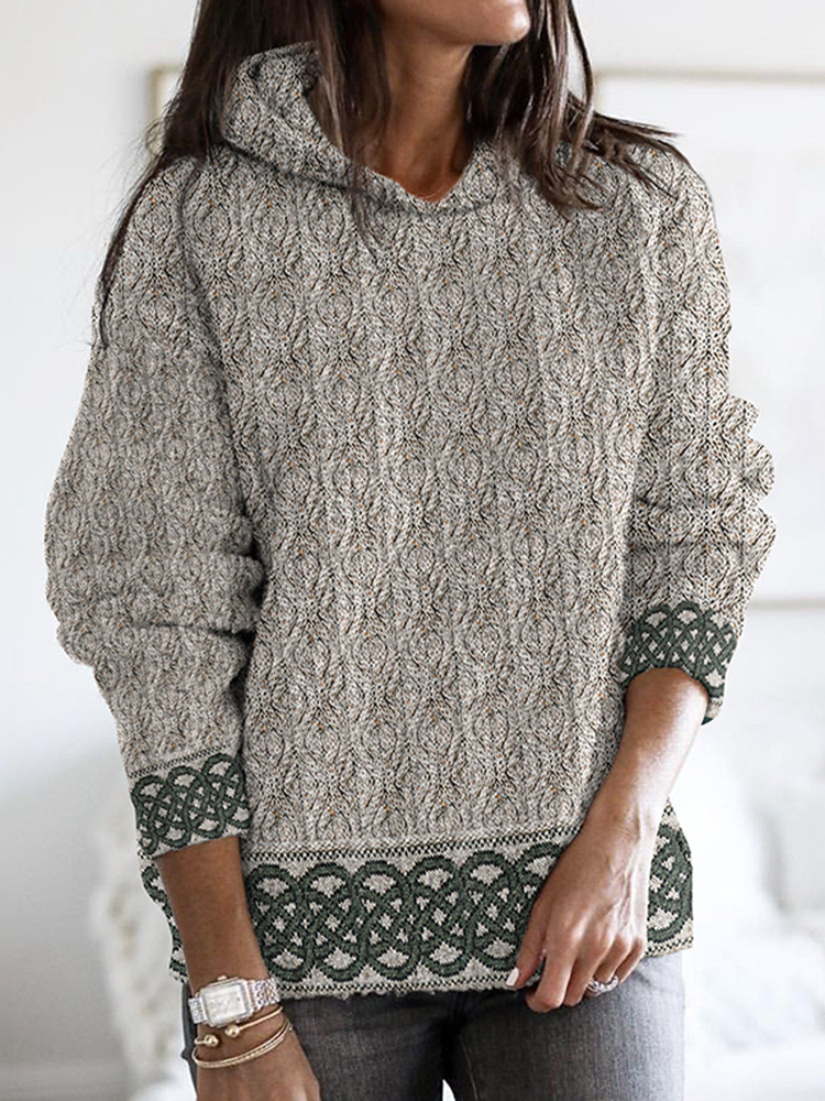 Women'S Celtic Knotted Creative Patchwork Hooded Aran Sweater