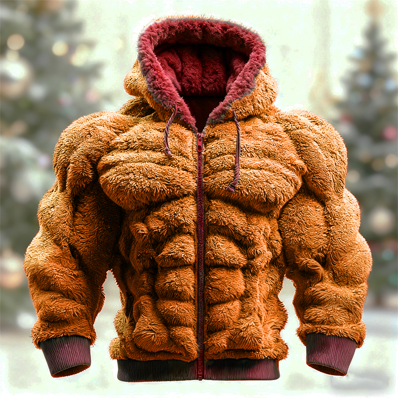 Men's Christmas Green Muscle Line Cozy Plush Full Zip Hoodie