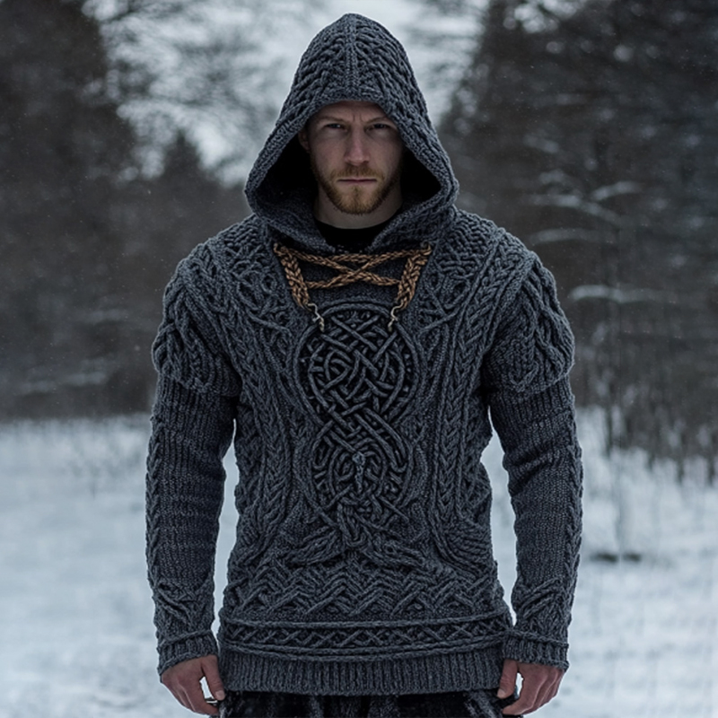 Men's Vintage Viking Inspired Celtic Jacquard Hooded Sweater