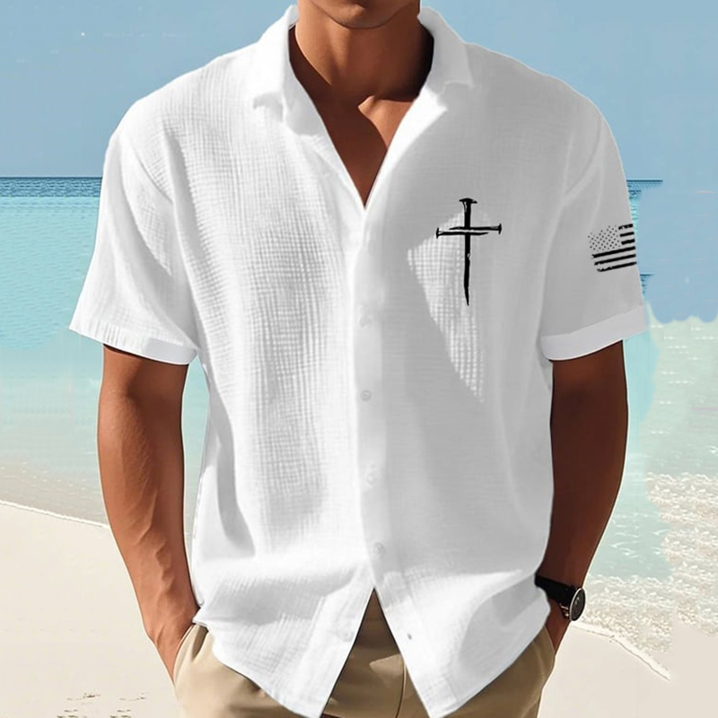 Men's Faith Cross Print Short Sleeve Linen Shirt