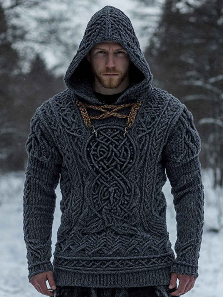 Men's Vintage Viking Inspired Celtic Jacquard Hooded Sweater