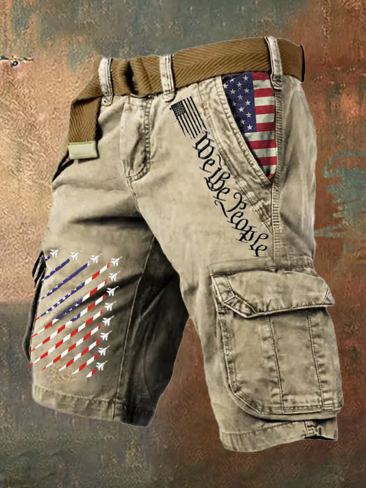 Men's Retro Flag Multi-pocket Printed Shorts