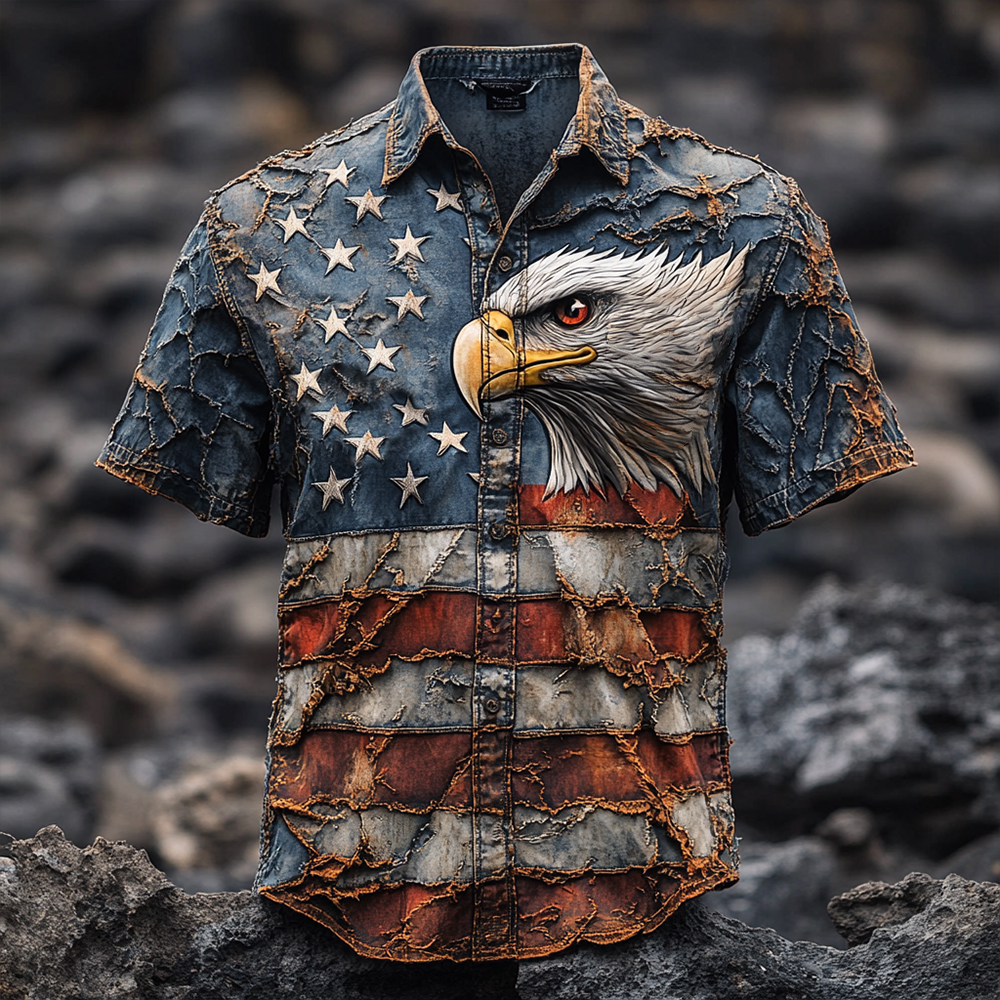 Men's Vintage Independence Day Flag Eagle Print Short Sleeve Shirt