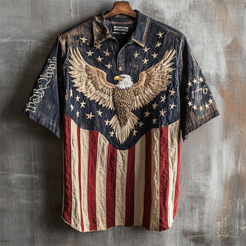 Independence Day We The People Vintage Eagle Embroidered Linen Shirt
