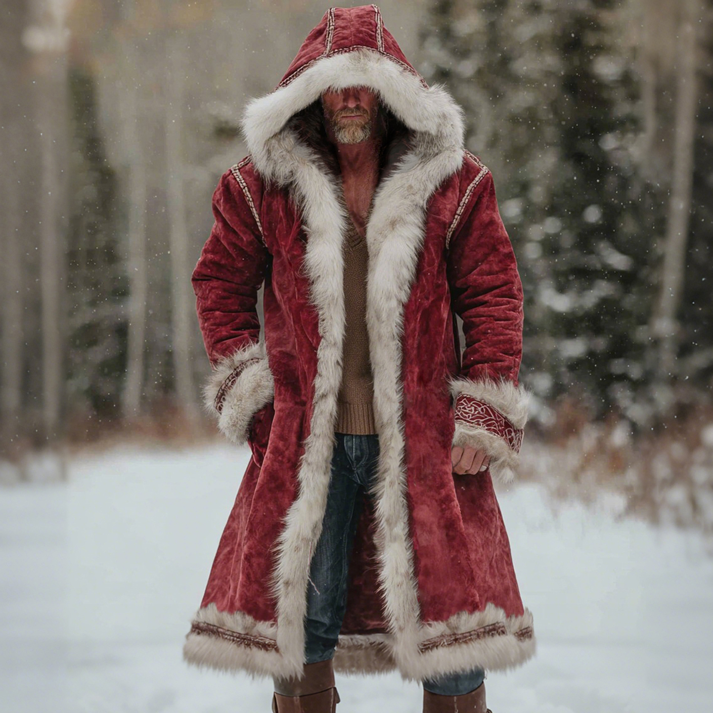 Men's Christmas Santa Outfit Fuzzy Velvet Hooded Coat