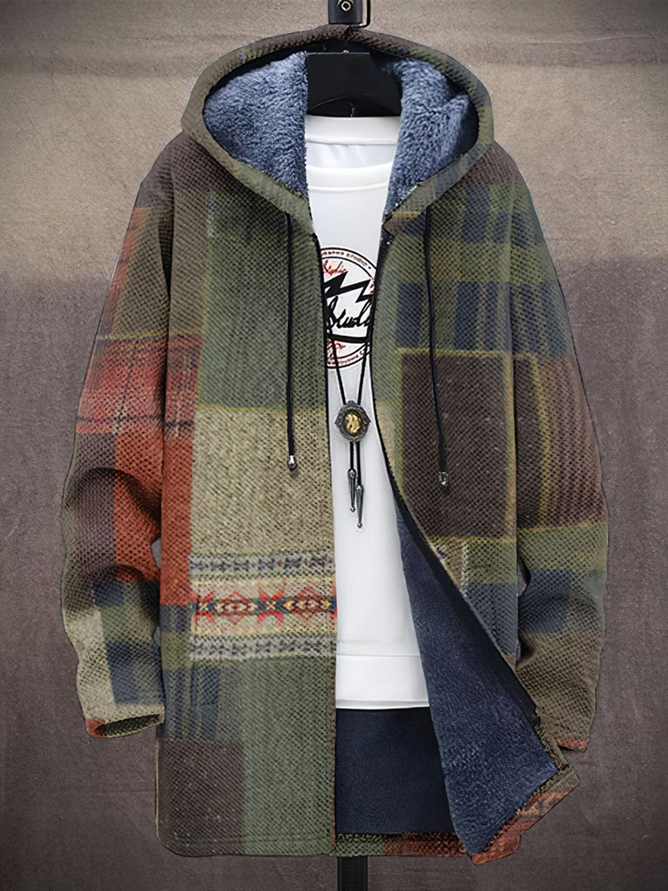 Men's Vintage Knitted Color Block Cozy Plush Hooded Coat