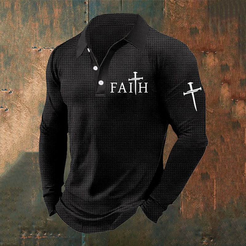Men's Faith Print Long Sleeve Button Polo Shirt