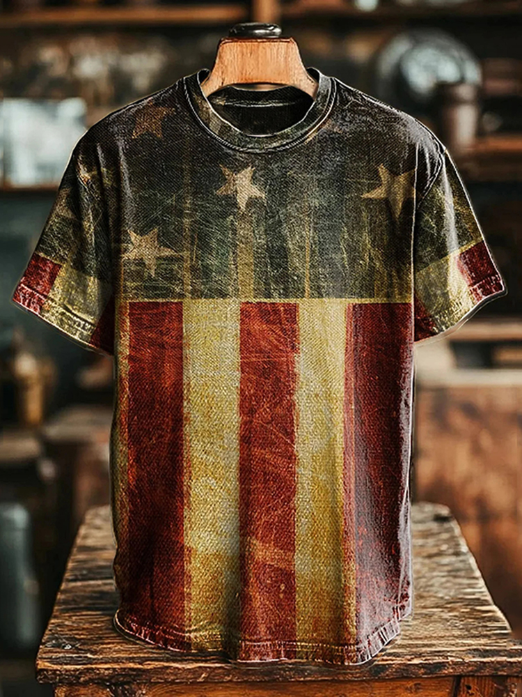 Men's Vintage Flag Print Crew Neck T-shirt