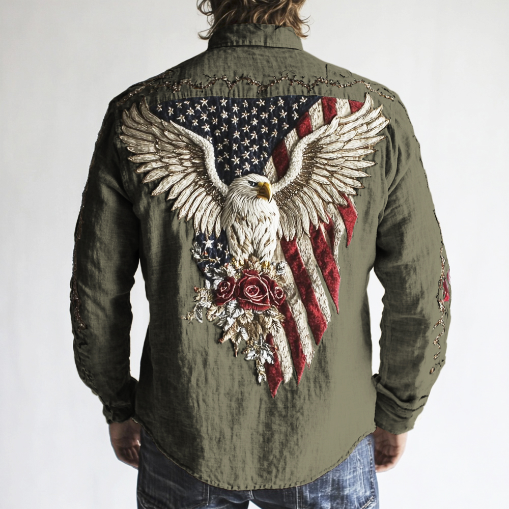 Western Style Flag & Bald Eagle Embroidered Art Men's Long Sleeve Shirt