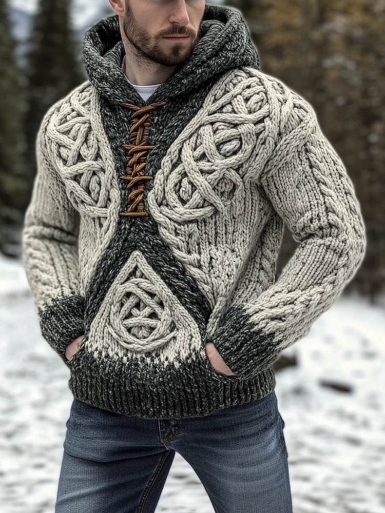 Vintage Celtic Knot Coarse Knit Men's Hooded Sweater