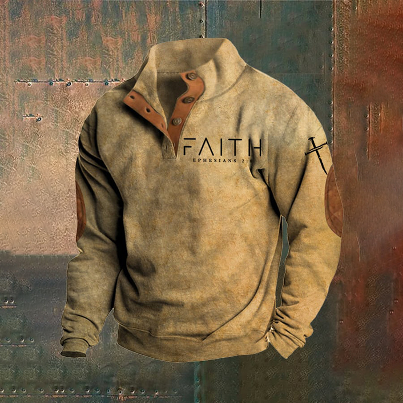 Men's Faith Cross Printed Stand Collar Button Sweatshirt