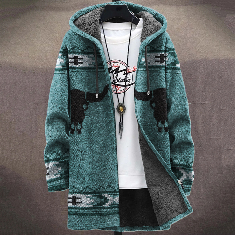 Men's Western Bull Skull Aztec Cozy Hooded Cardigan