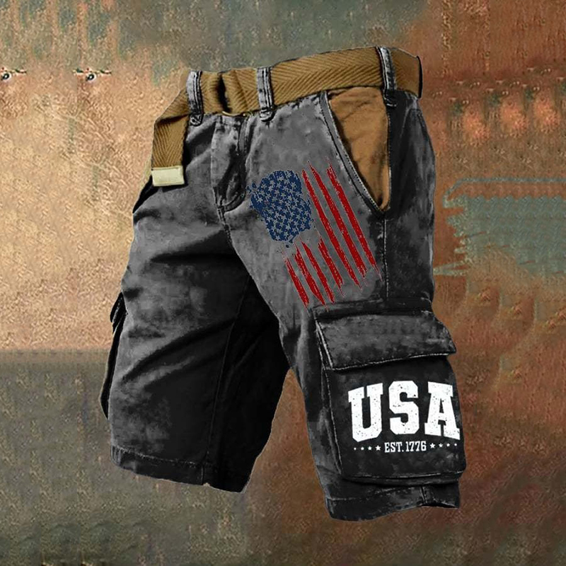 Men's Retro Usa Est 1776 Print Cargo Shorts