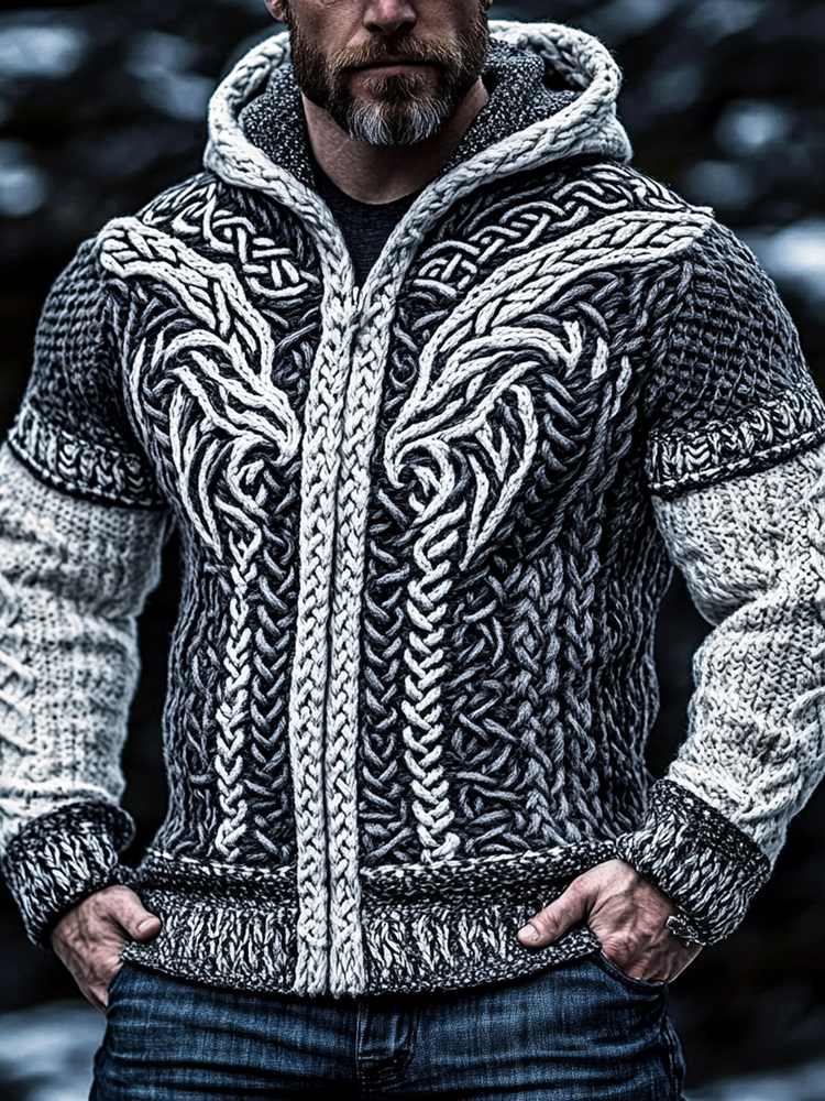 Men's Viking Wolf Style Celtic Thick Zip Hooded Sweater