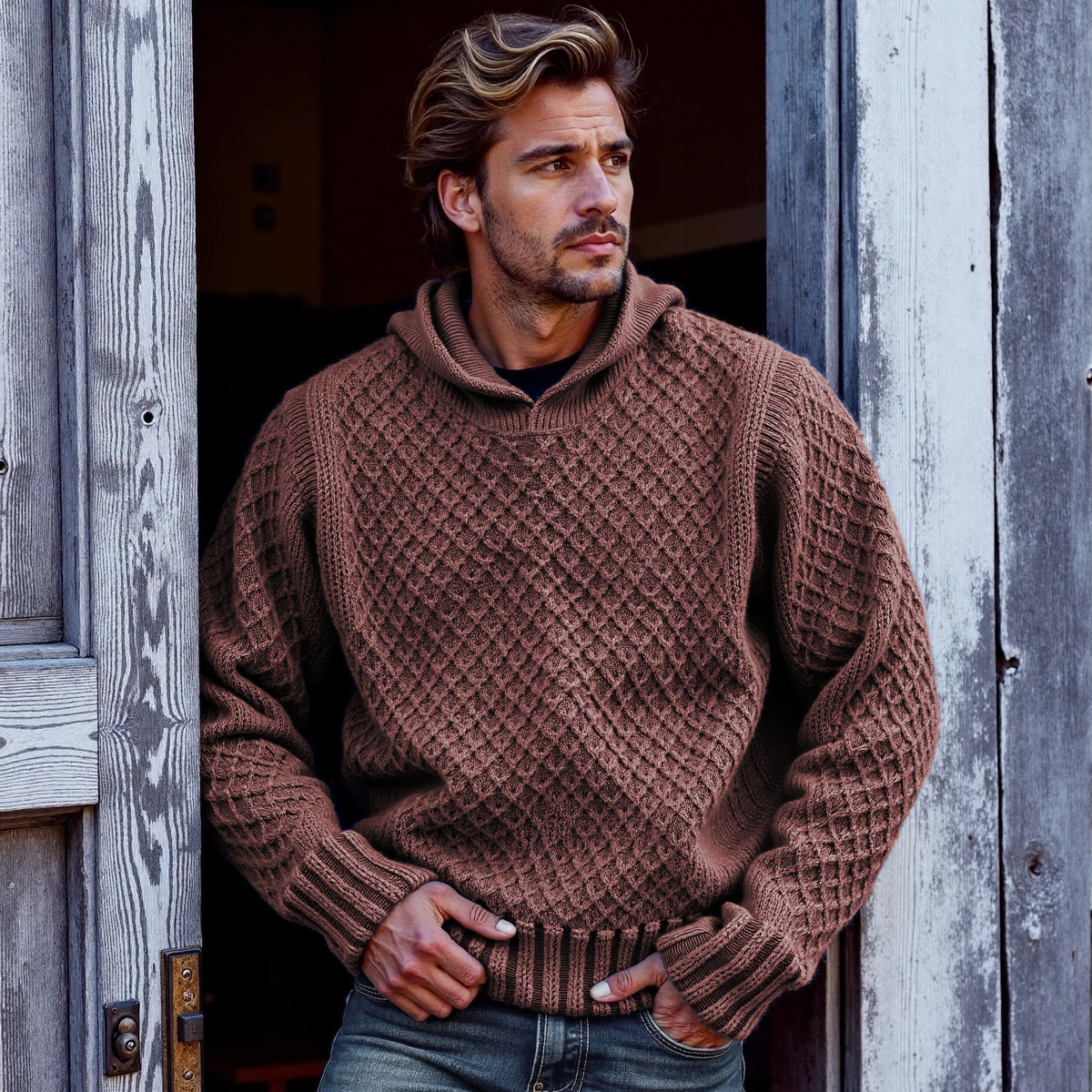 Men's Retro Cross Pattern Hooded Sweater