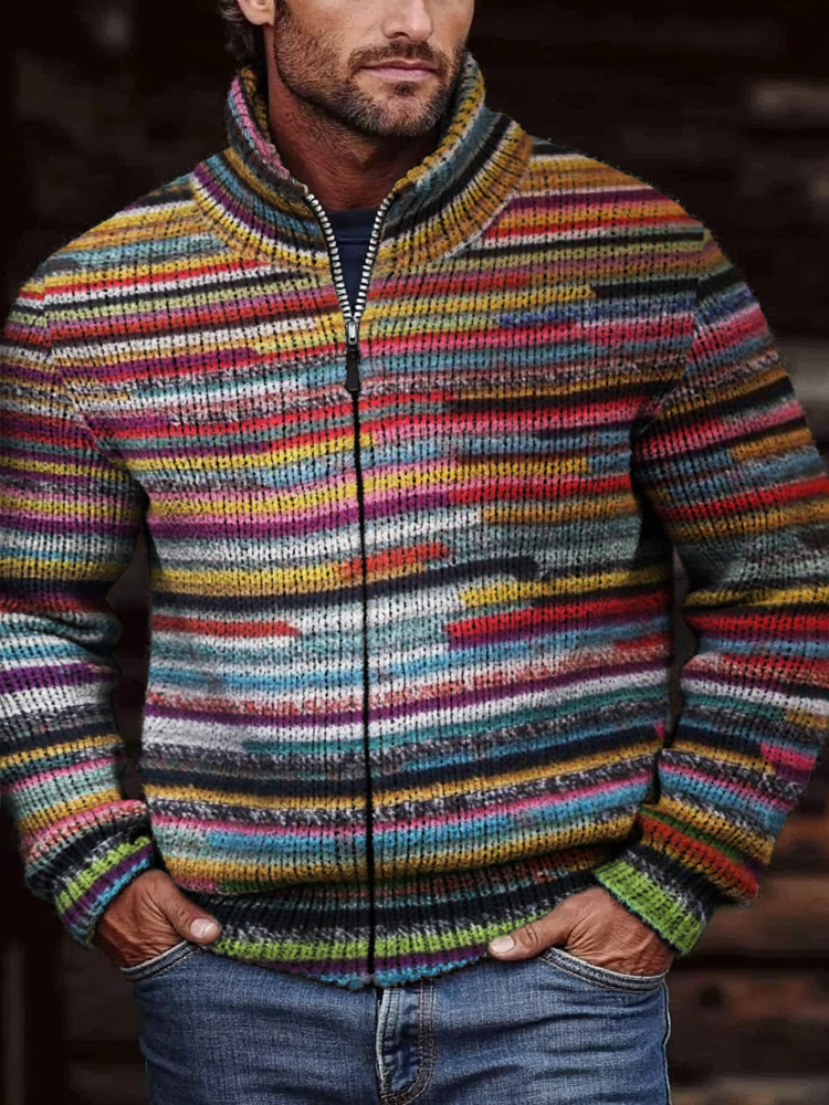 Men's Western Mexican Colorful Striped Cozy Knit Cardigan