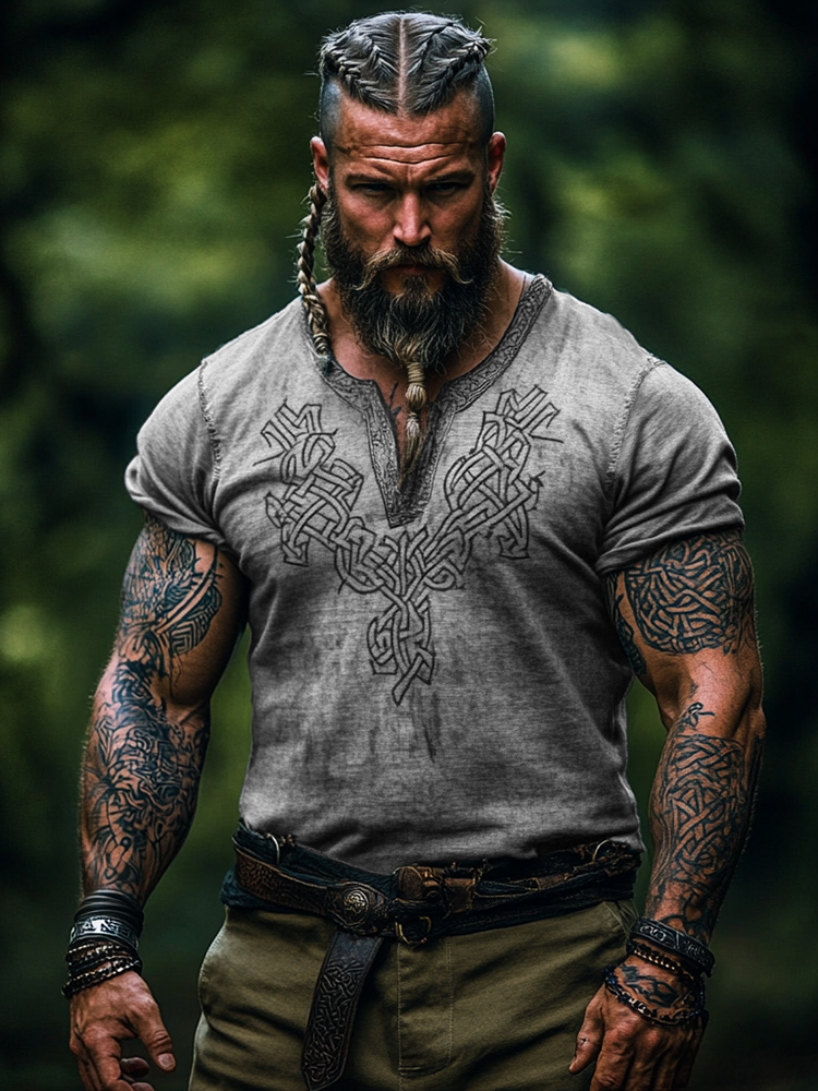 Men's Viking Tribal Graphics Henley Collar T-shirt