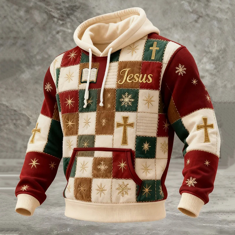 Men's Faith Christmas Patchwork Print Casual Hoodie