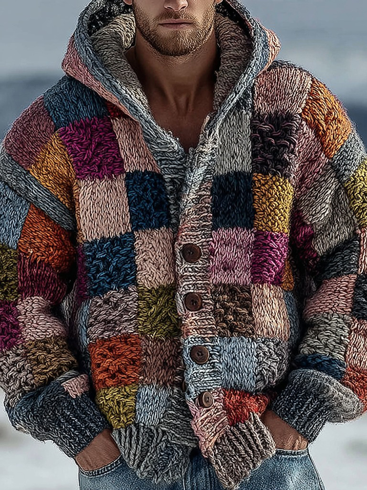 Men's Geometric Block Panel Contrast Knit Button Hooded Sweater