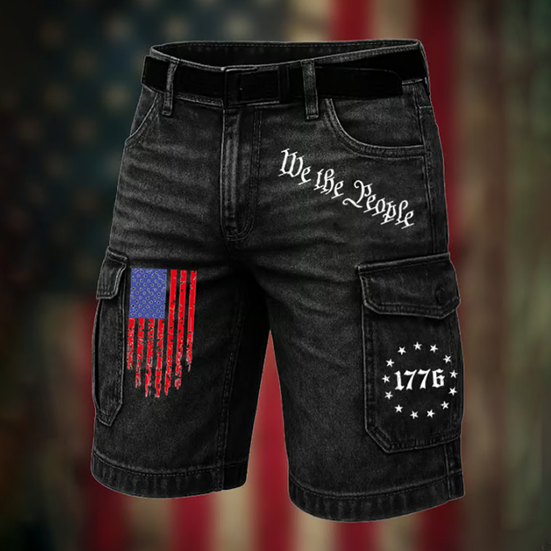 Men's Vintage Flag Independence Day Multi-pocket Print Cargo Shorts