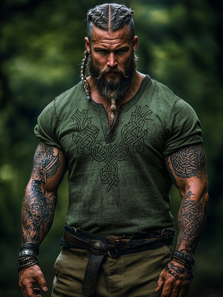 Men's Viking Tribal Graphics Henley Collar T-shirt