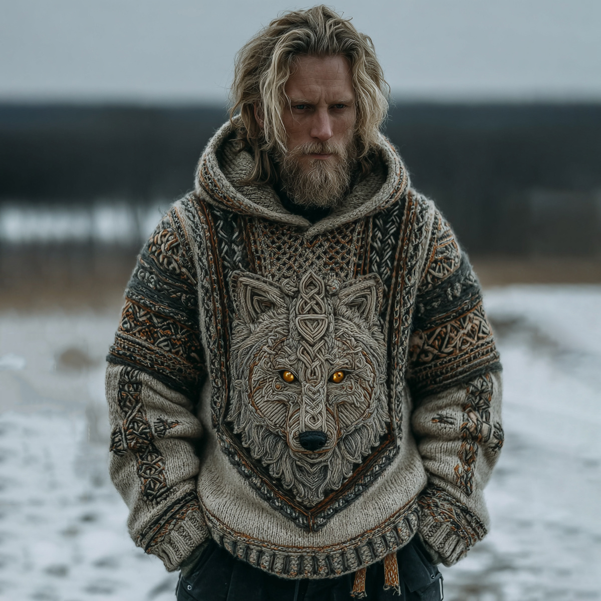 Men's Vintage Viking Celtic Knot Wolf Art Hooded Knit Sweater