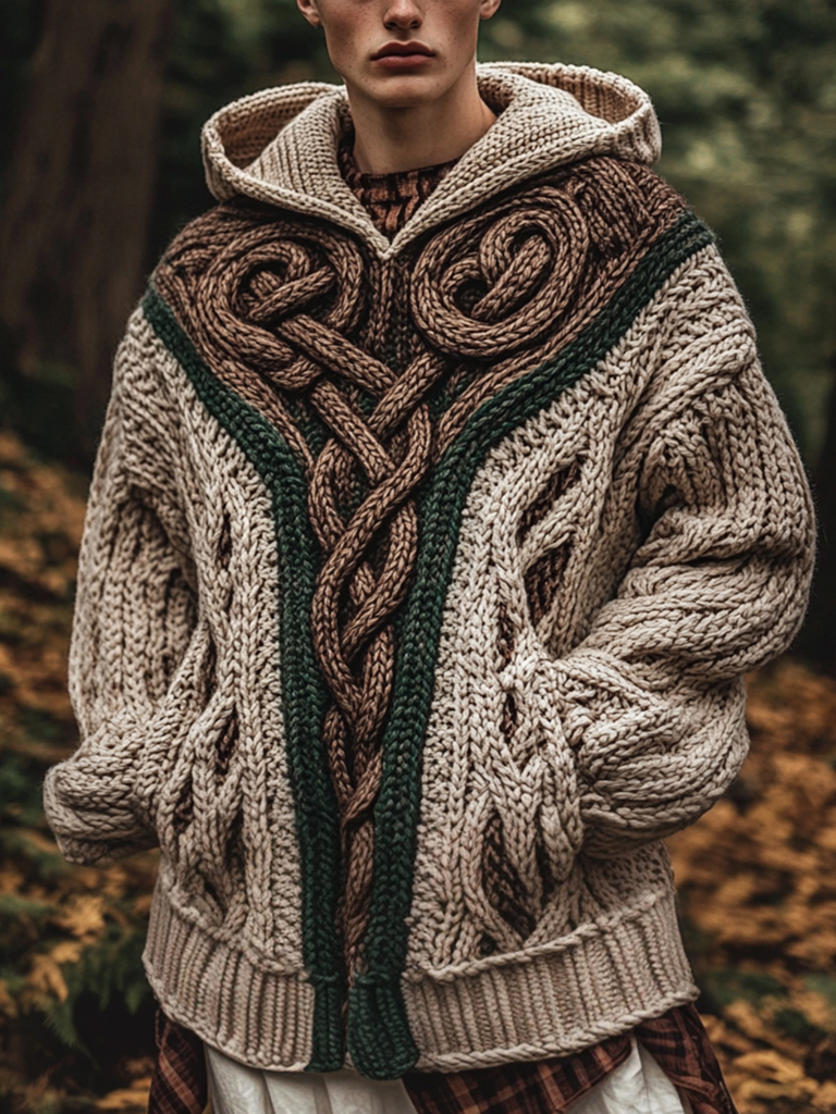 Men's Vintage Irish Celtic Knot Jacquard Mottled Hooded Sweater