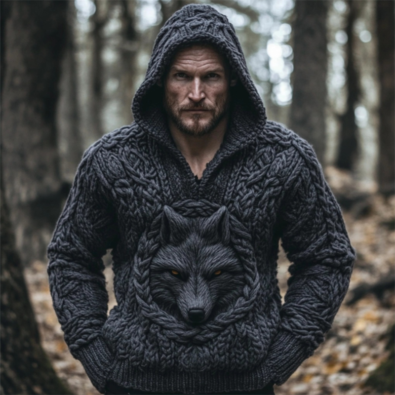 Men's Black Wolf Viking Celtic Chunky Hooded Sweater