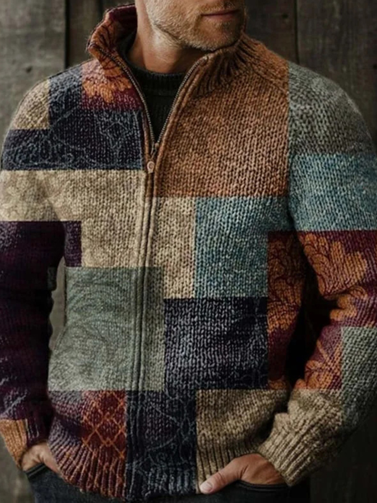Men's Vintage Western Patchwork Design Graphic Zip Sweater