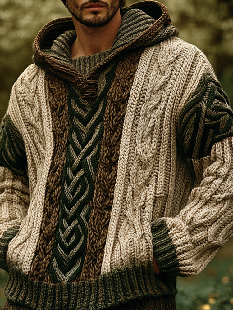 Men's Vintage Chunky Tricolor Jacquard Aran Sweater